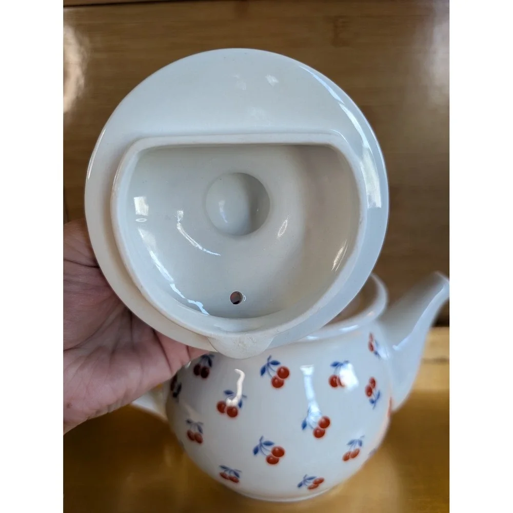 Sadler England Teapot Cherries Pattern Vintage White Ceramic Tea Pot Made in UK